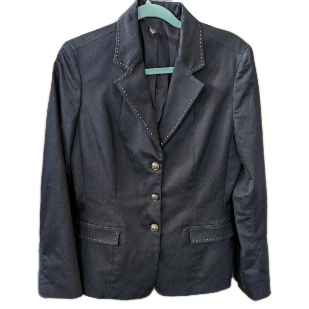 Tahari 12 Blazer Whip Stitch Jacket Navy Blue 3 Button Lined Equestrian Western